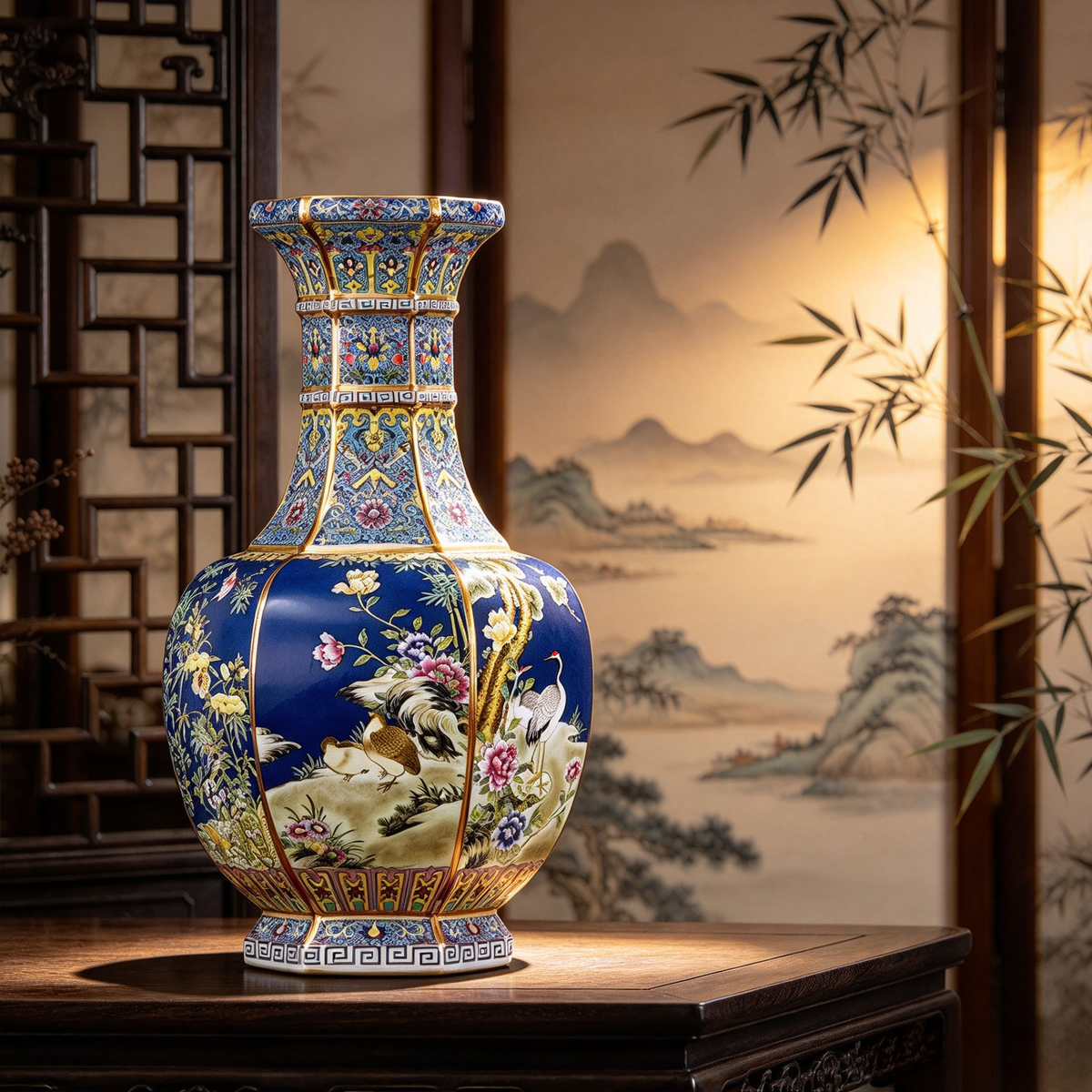 Qianlong Hexagonal Porcelain Vase, a painted ceramic decoration vase with Chinese ancient style, suitable for home display
