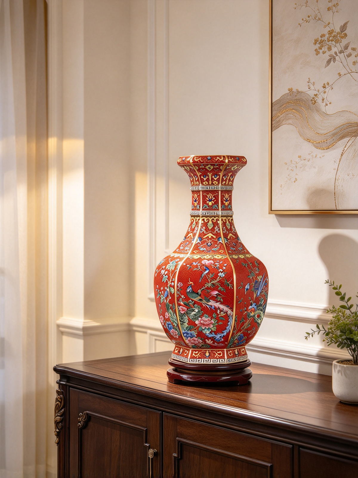 Qianlong Hexagonal Porcelain Vase, a painted ceramic decoration vase with Chinese ancient style, suitable for home display