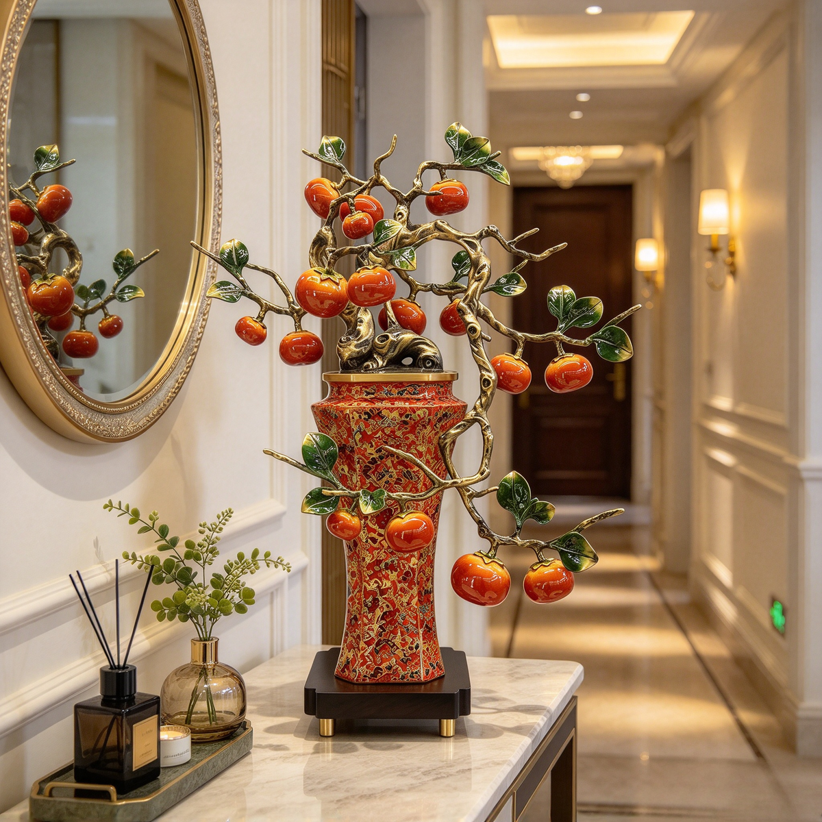 Colored copper persimmon tree handicraft - Auspiciousness and prosperity decorative item for the entrance of a Chinese-style living room - Gift bonsai - Metal flower pot