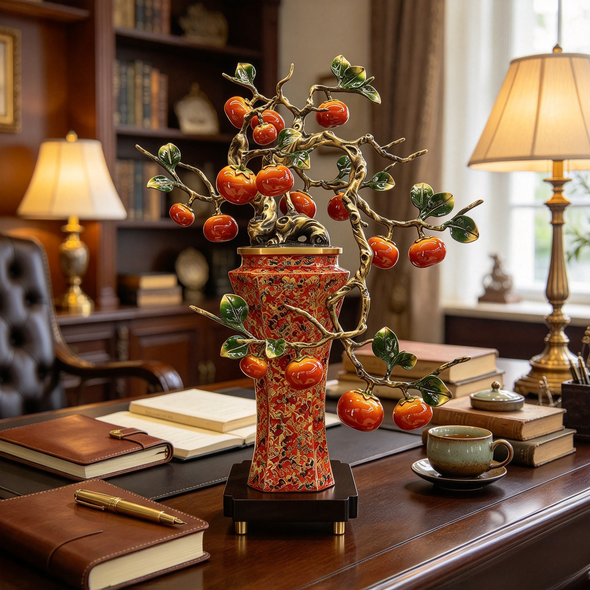 Colored copper persimmon tree handicraft - Auspiciousness and prosperity decorative item for the entrance of a Chinese-style living room - Gift bonsai - Metal flower pot