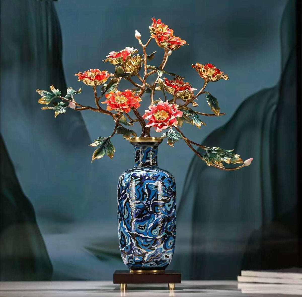 Copper decorative items, bouquets, colorful flowers, peony vase, wedding decoration vase, table vase, metal entrance hall living room decoration