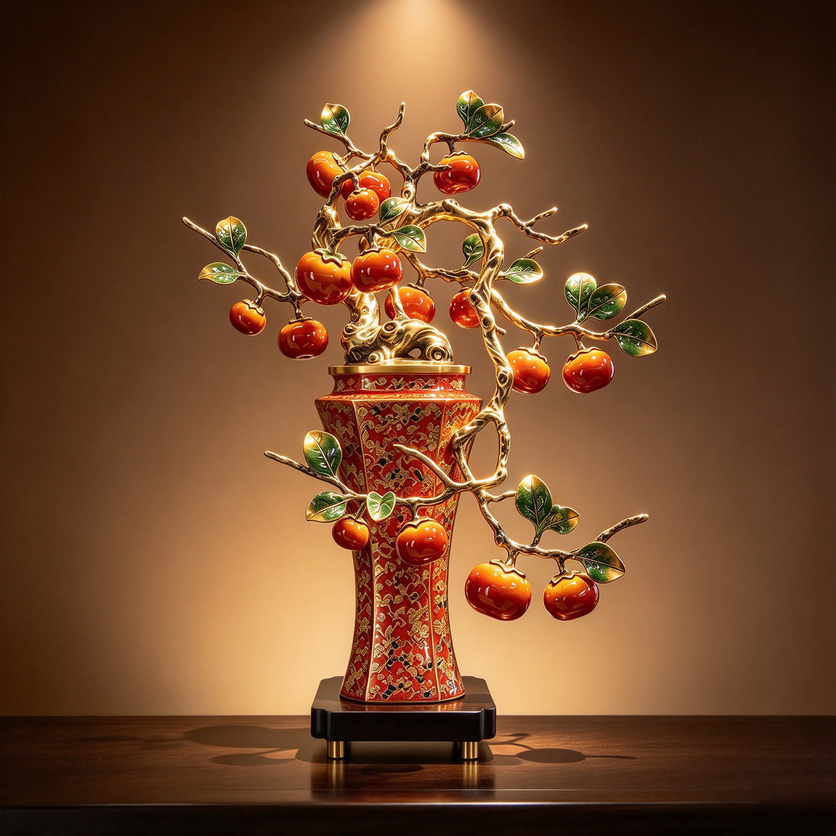 Colored copper persimmon tree handicraft - Auspiciousness and prosperity decorative item for the entrance of a Chinese-style living room - Gift bonsai - Metal flower pot