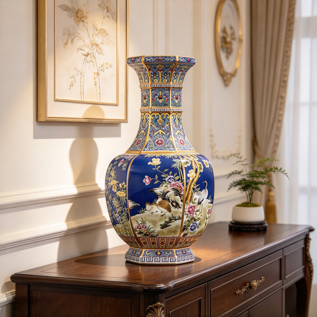 Qianlong Hexagonal Porcelain Vase, a painted ceramic decoration vase with Chinese ancient style, suitable for home display