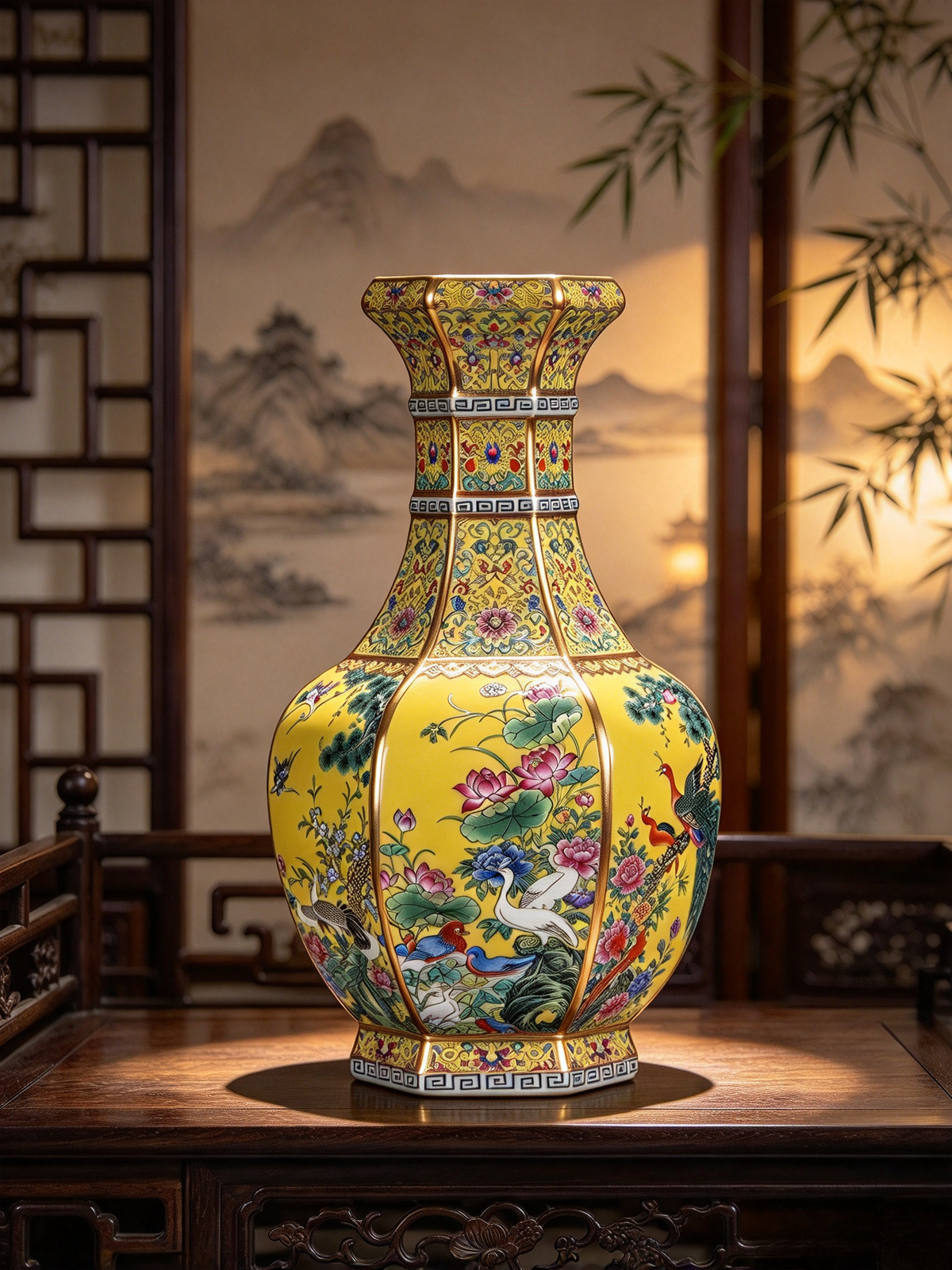 Qianlong Hexagonal Porcelain Vase, a painted ceramic decoration vase with Chinese ancient style, suitable for home display