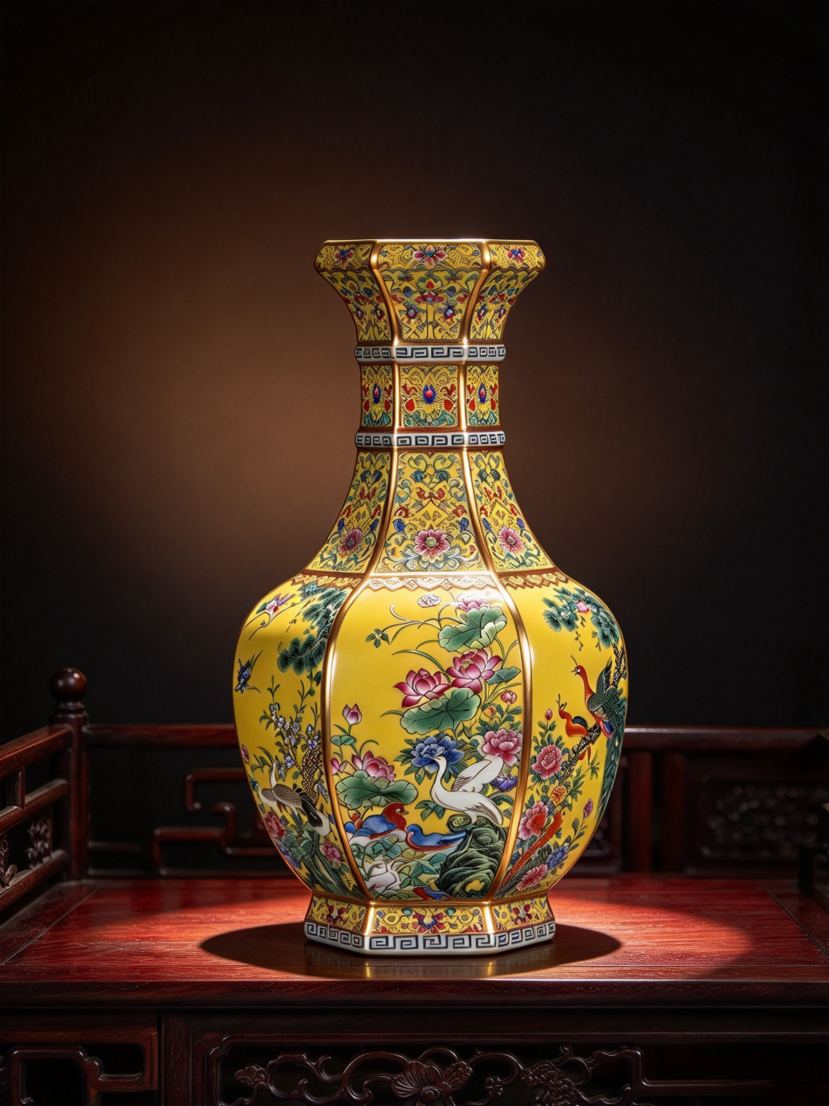 Qianlong Hexagonal Porcelain Vase, a painted ceramic decoration vase with Chinese ancient style, suitable for home display