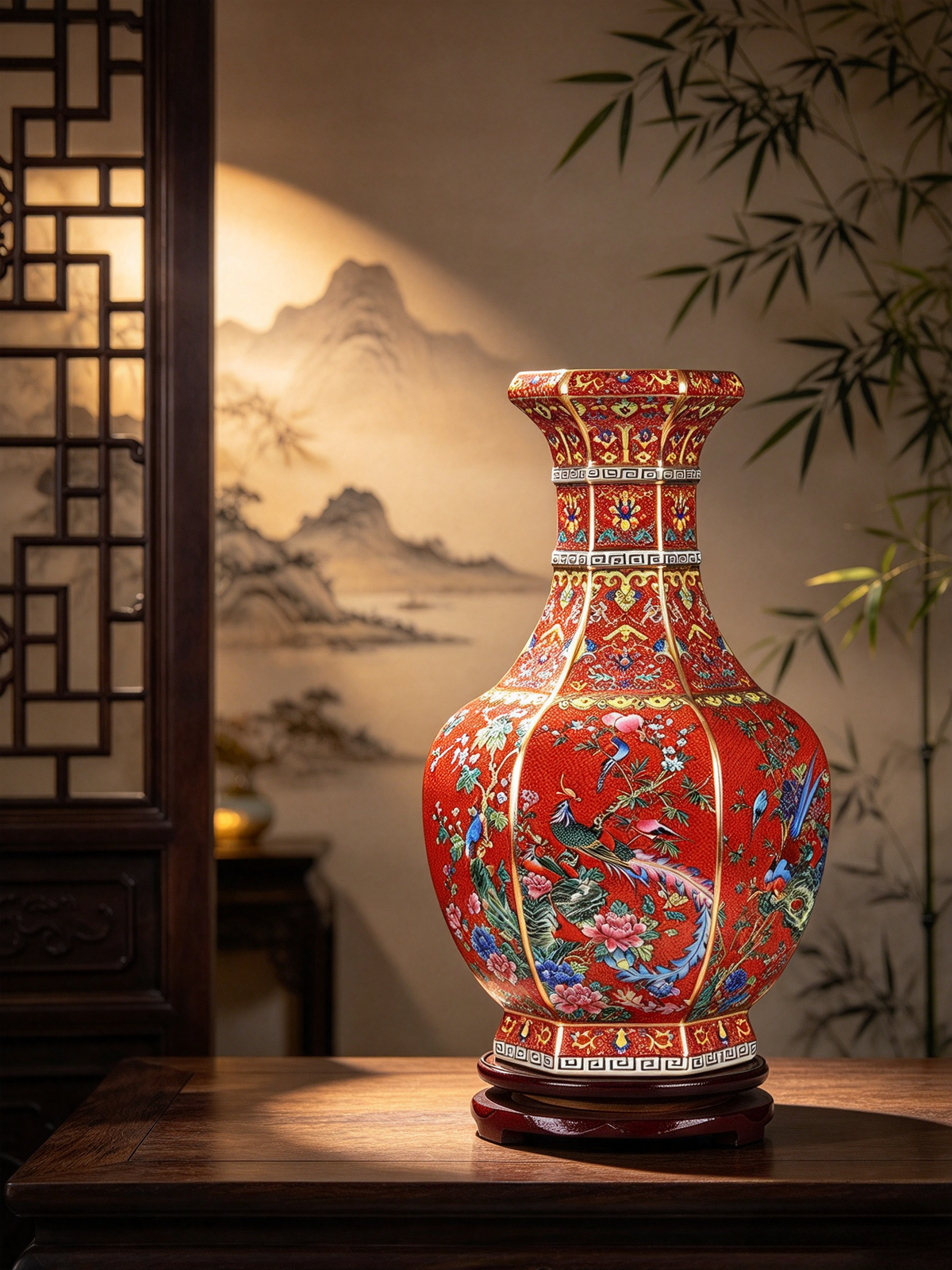 Qianlong Hexagonal Porcelain Vase, a painted ceramic decoration vase with Chinese ancient style, suitable for home display